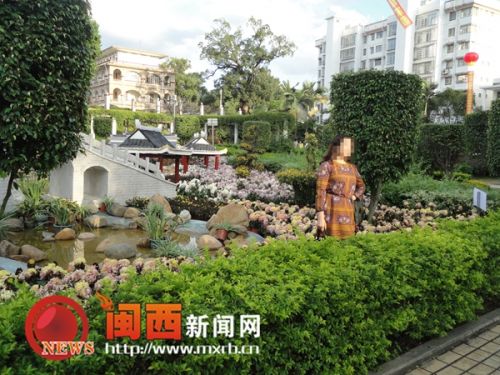 一位市民越過綠化帶，踩到花叢中拍照